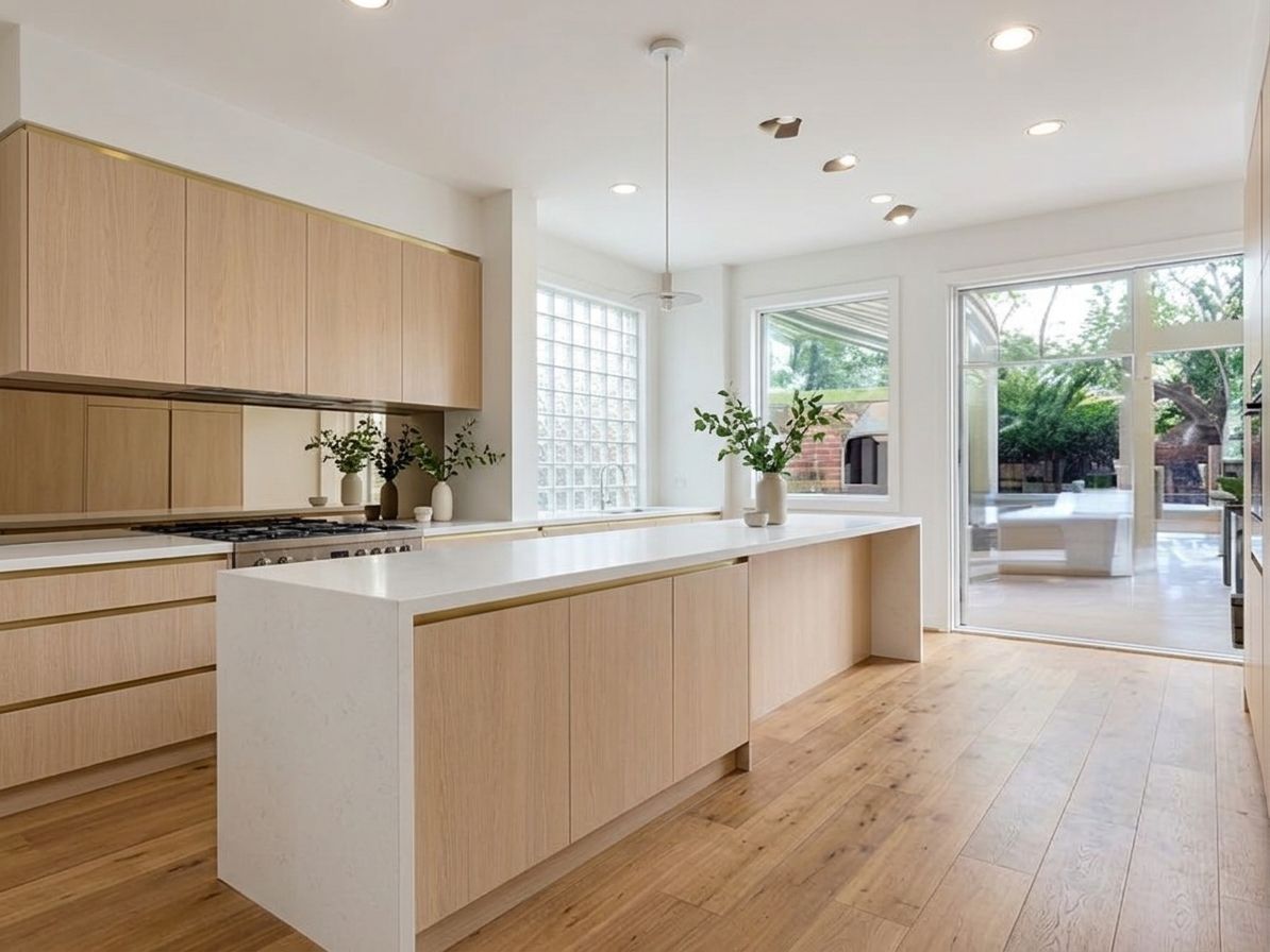 Custom kitchen in Malvern East, Melbourne — Handle-free oak with a stone waterfall island
